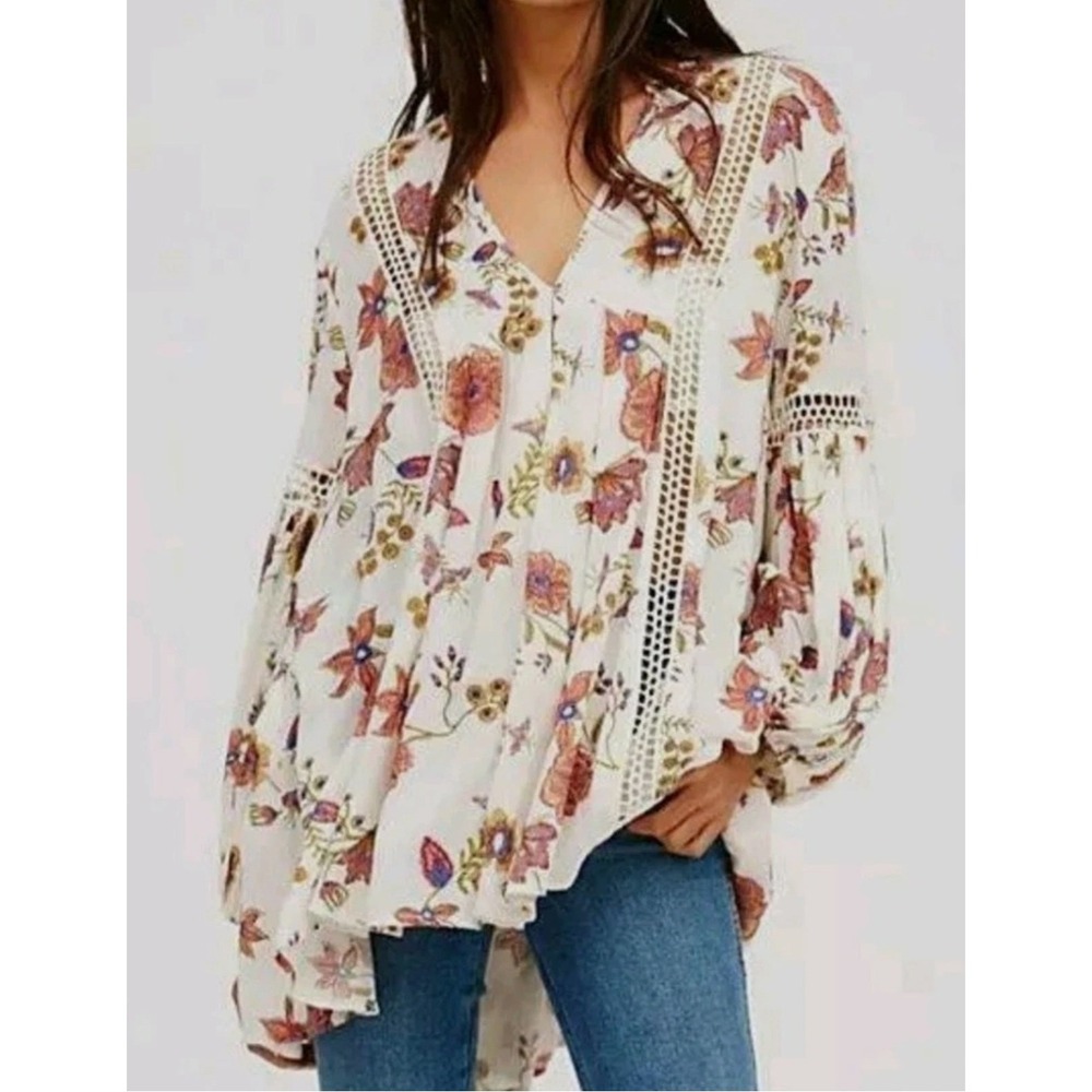Free People Just The Two Of Us Floral Printed Long Tunic Top Sz M Crochet Boho